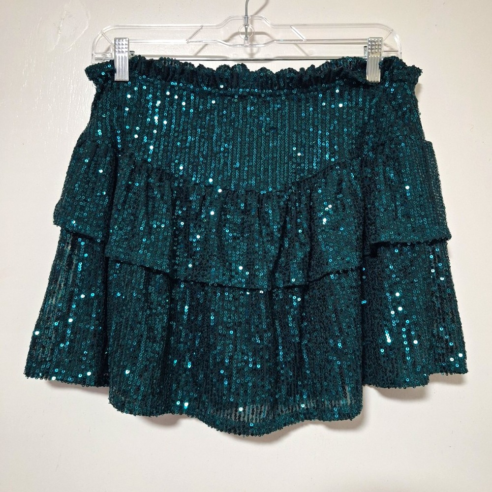 Altar's State Dark Green Sequin Tiered Skort Size L Shorts Ruffle Party Mini